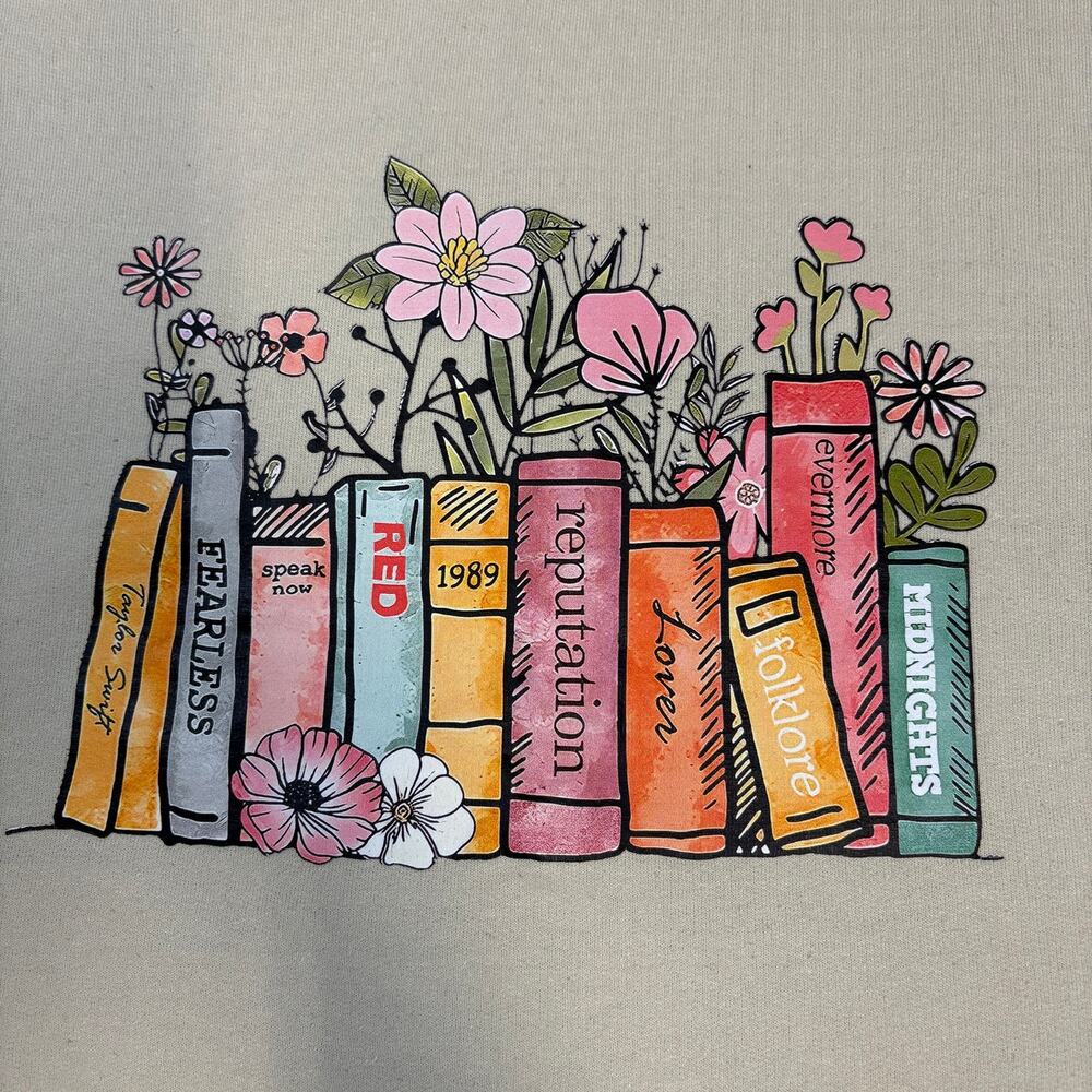 Gildan Taylor Swift Albums As Books Graphic Crewneck Beige Sweatshirt Size S - Picture 3 of 5